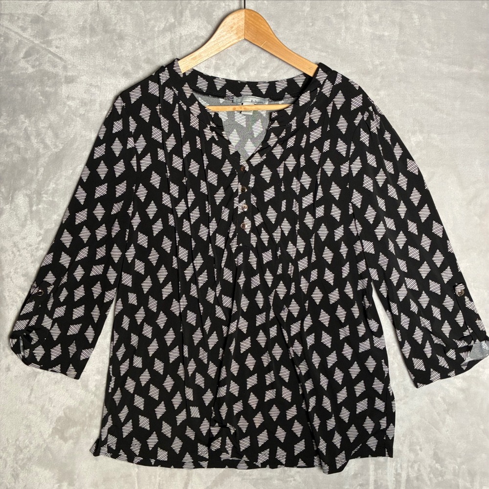 By Design Womens XL Black White Geometric Diamond Print Roll Tab Sleeve Blouse